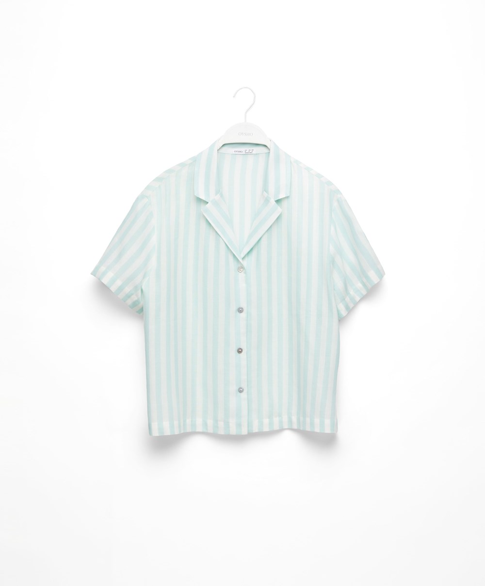 Oysho Stripe 100% Pamut Rövid-sleeved Shirt Zöld | GXFMSQ-058