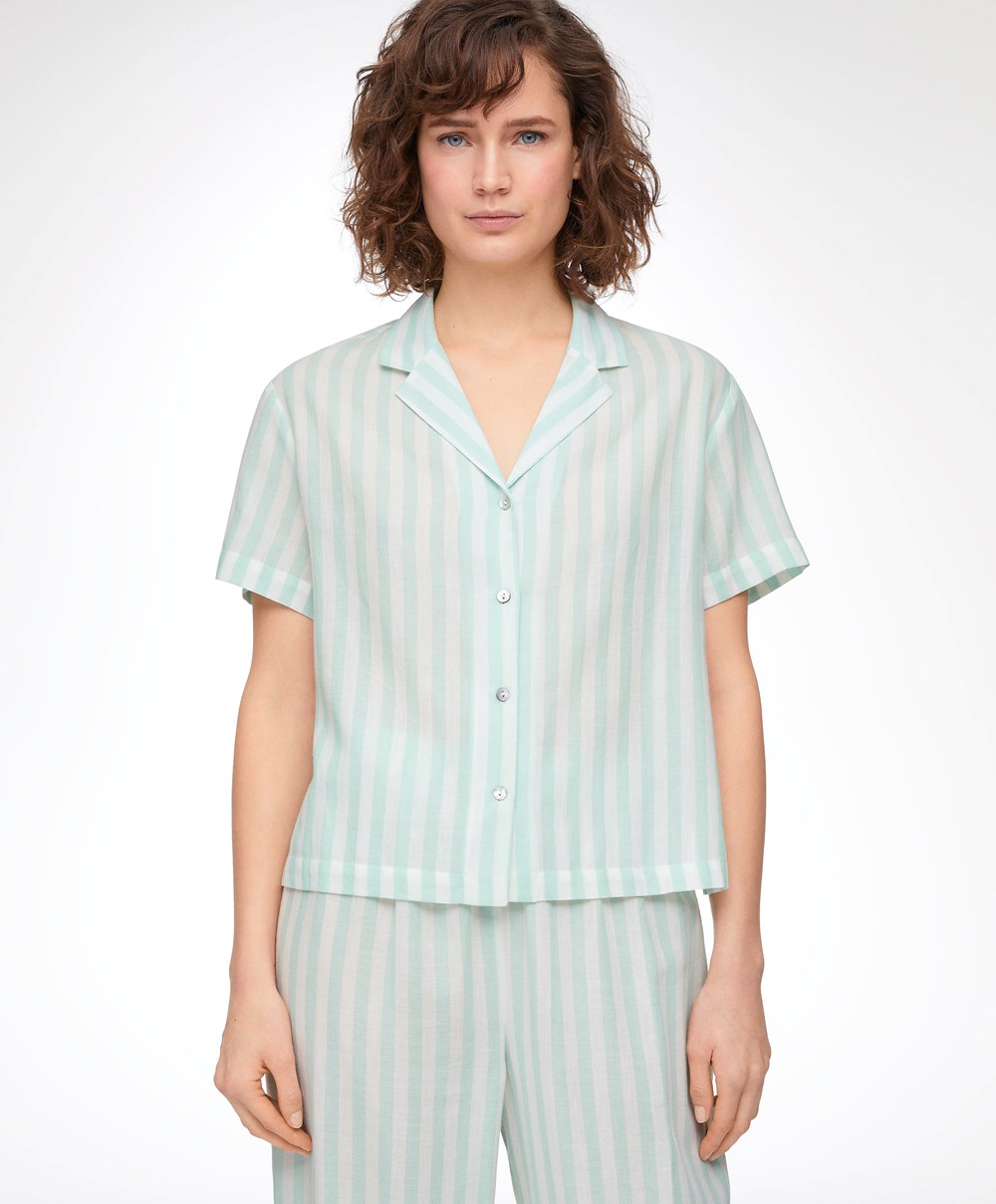 Oysho Stripe 100% Pamut Rövid-sleeved Shirt Zöld | GXFMSQ-058