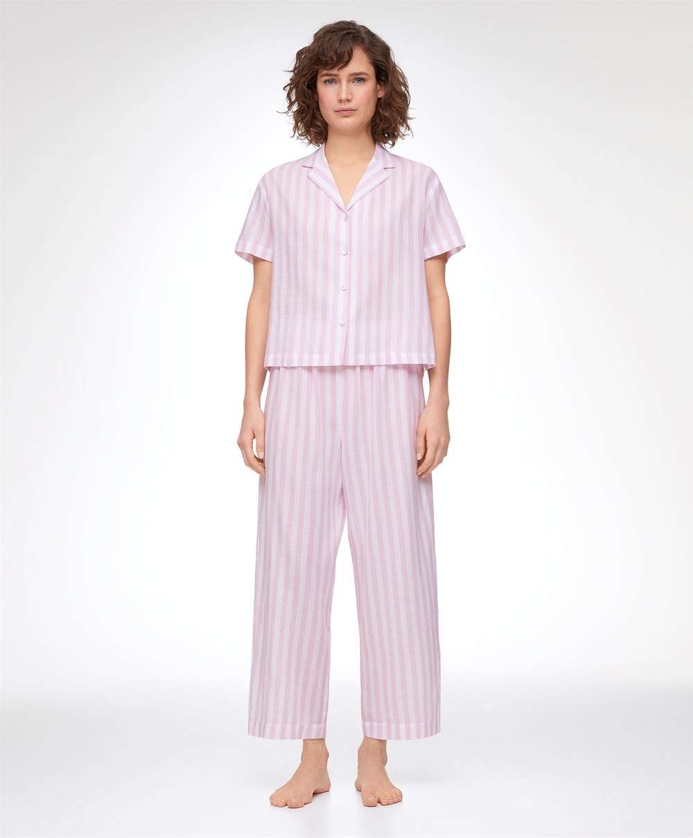 Oysho Stripe 100% Pamut Rövid-sleeved Shirt Levendula | PHFCDZ-702