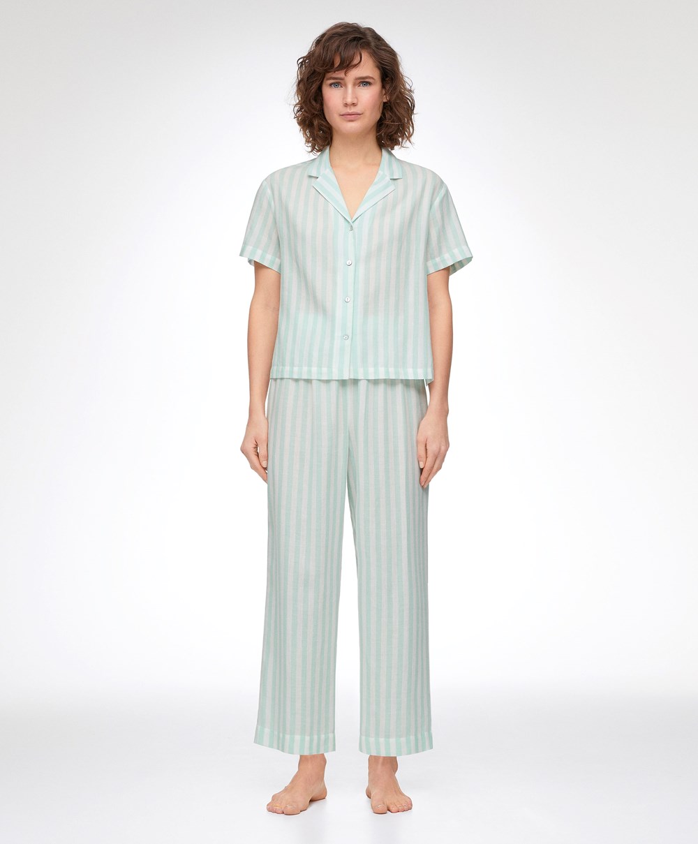 Oysho Stripe 100% Pamut Rövid-sleeved Shirt Zöld | URTXOJ-517