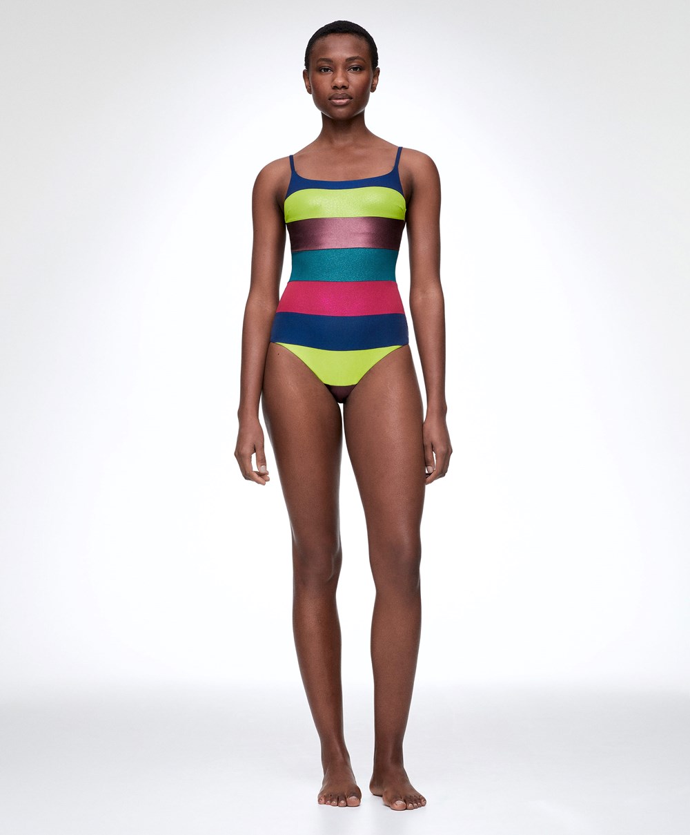 Oysho Stripe Bandeau Swimsuit Zöld | TKXSMA-302