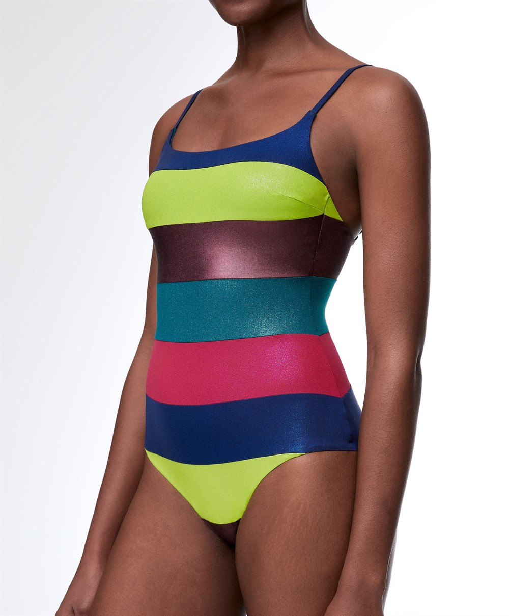 Oysho Stripe Bandeau Swimsuit Zöld | TKXSMA-302