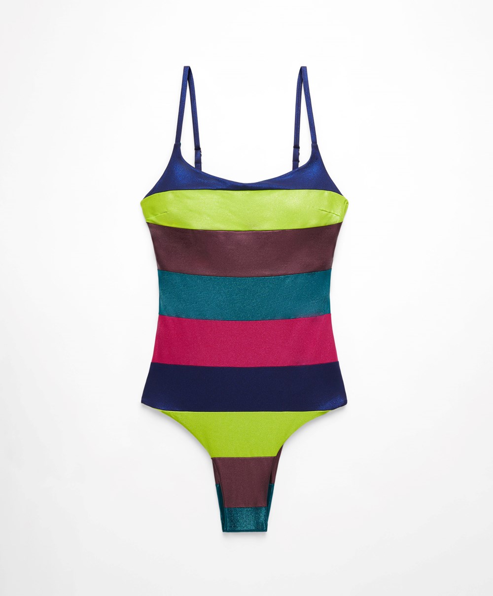 Oysho Stripe Bandeau Swimsuit Zöld | TKXSMA-302