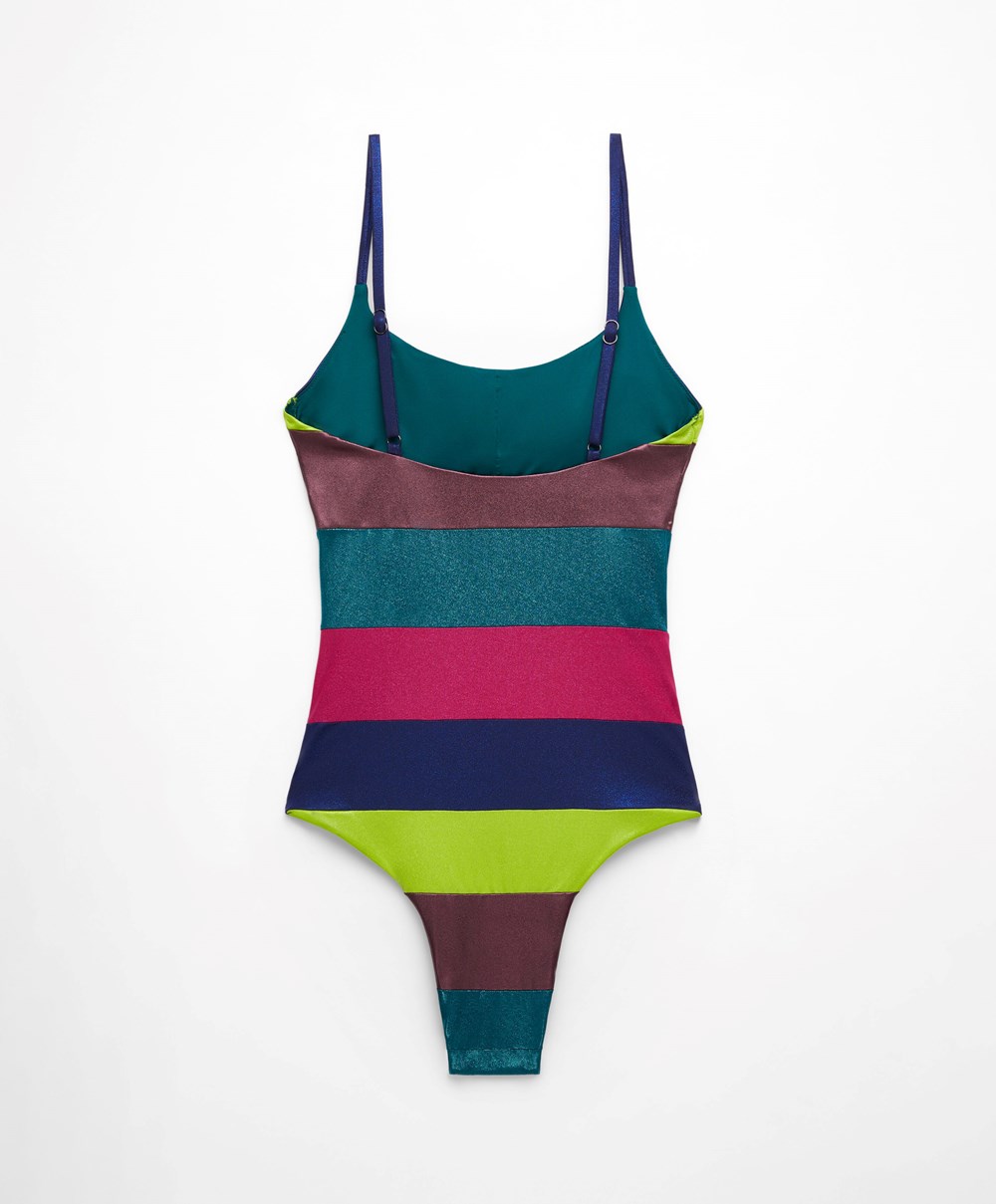 Oysho Stripe Bandeau Swimsuit Zöld | TKXSMA-302