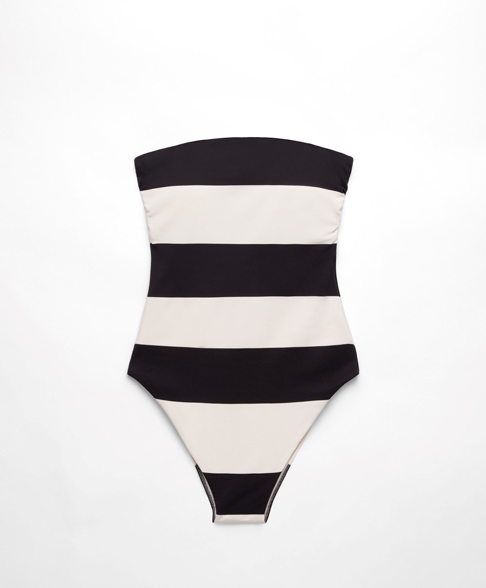 Oysho Stripe Piqué Bandeau Swimsuit Fekete | QHPGDF-591