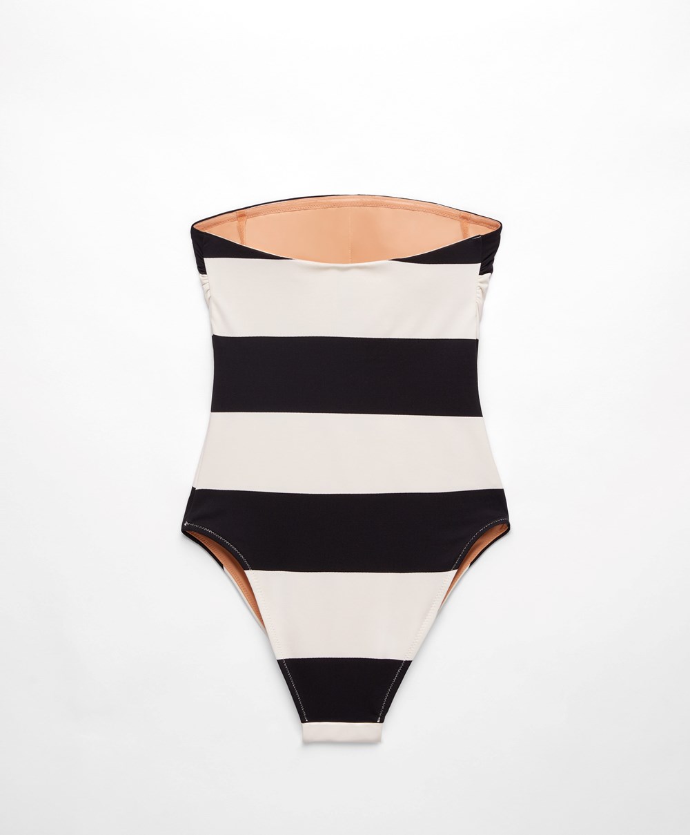 Oysho Stripe Piqué Bandeau Swimsuit Fekete | QHPGDF-591