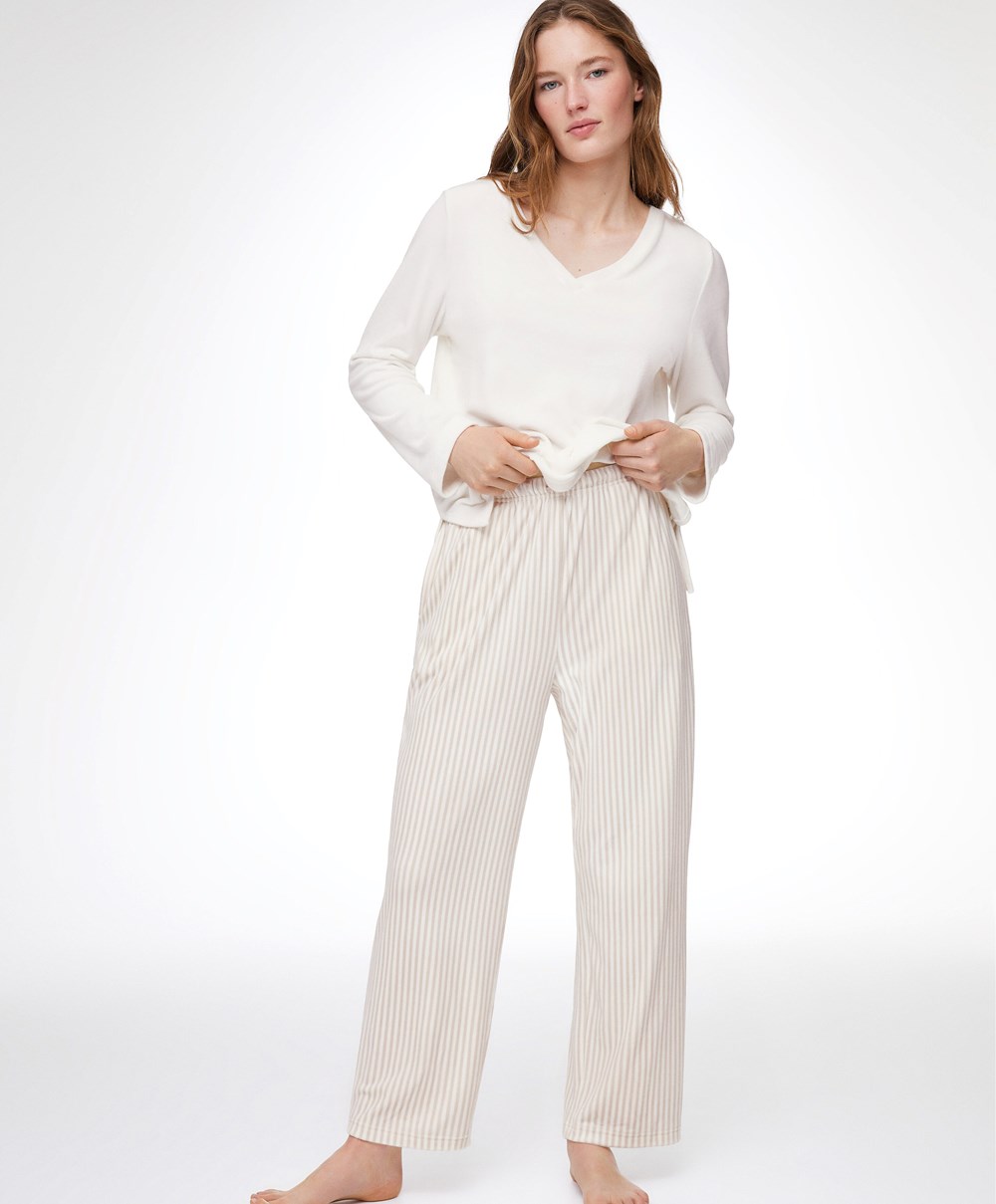 Oysho Stripe Velour Trousers Stone | MTWVDZ-104