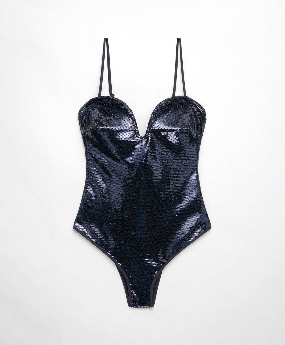 Oysho Sweetheart Neckline Sequin Swimsuit Kék | MQPNZC-846