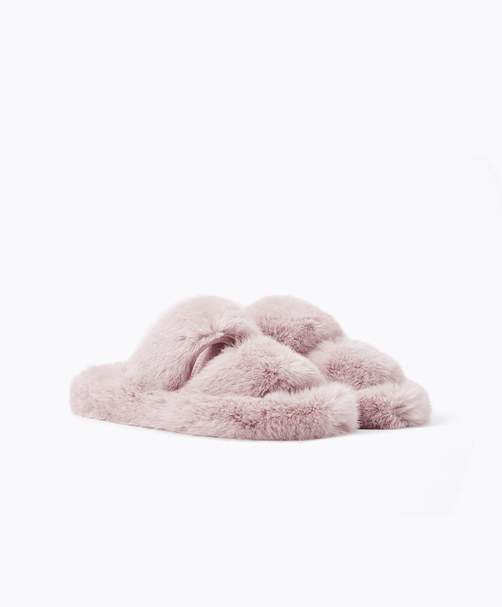 Oysho Szintetikus Fur Double Pántos Sandals Mauve | BRAYUQ-180