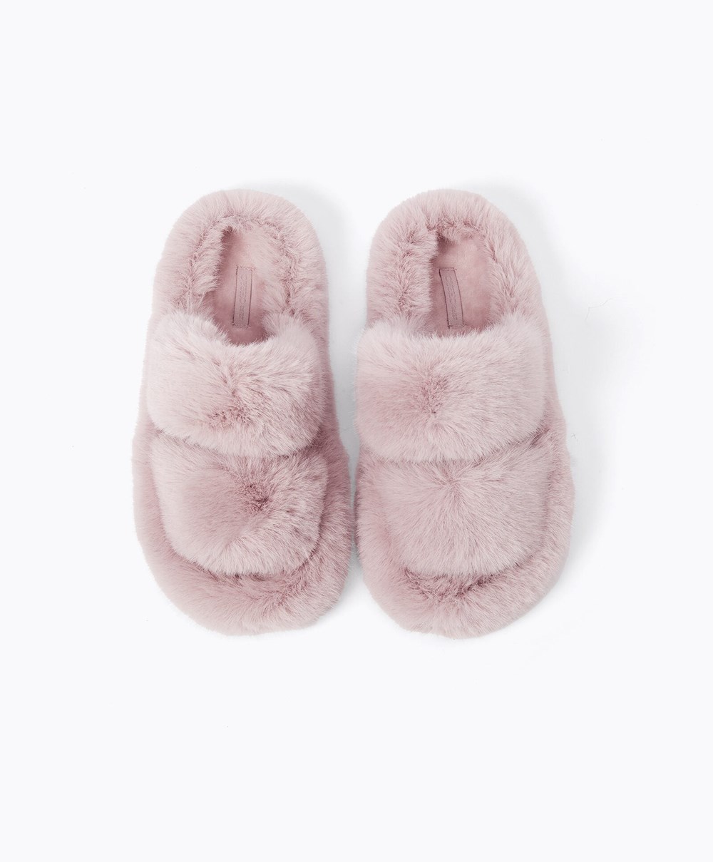 Oysho Szintetikus Fur Double Pántos Sandals Mauve | BRAYUQ-180