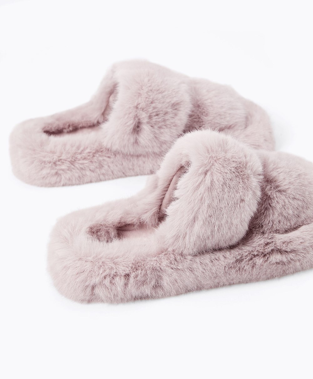 Oysho Szintetikus Fur Double Pántos Sandals Mauve | BRAYUQ-180