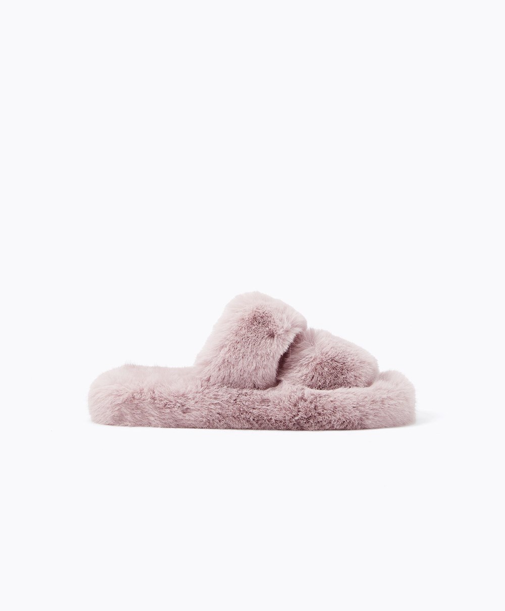 Oysho Szintetikus Fur Double Pántos Sandals Mauve | BRAYUQ-180