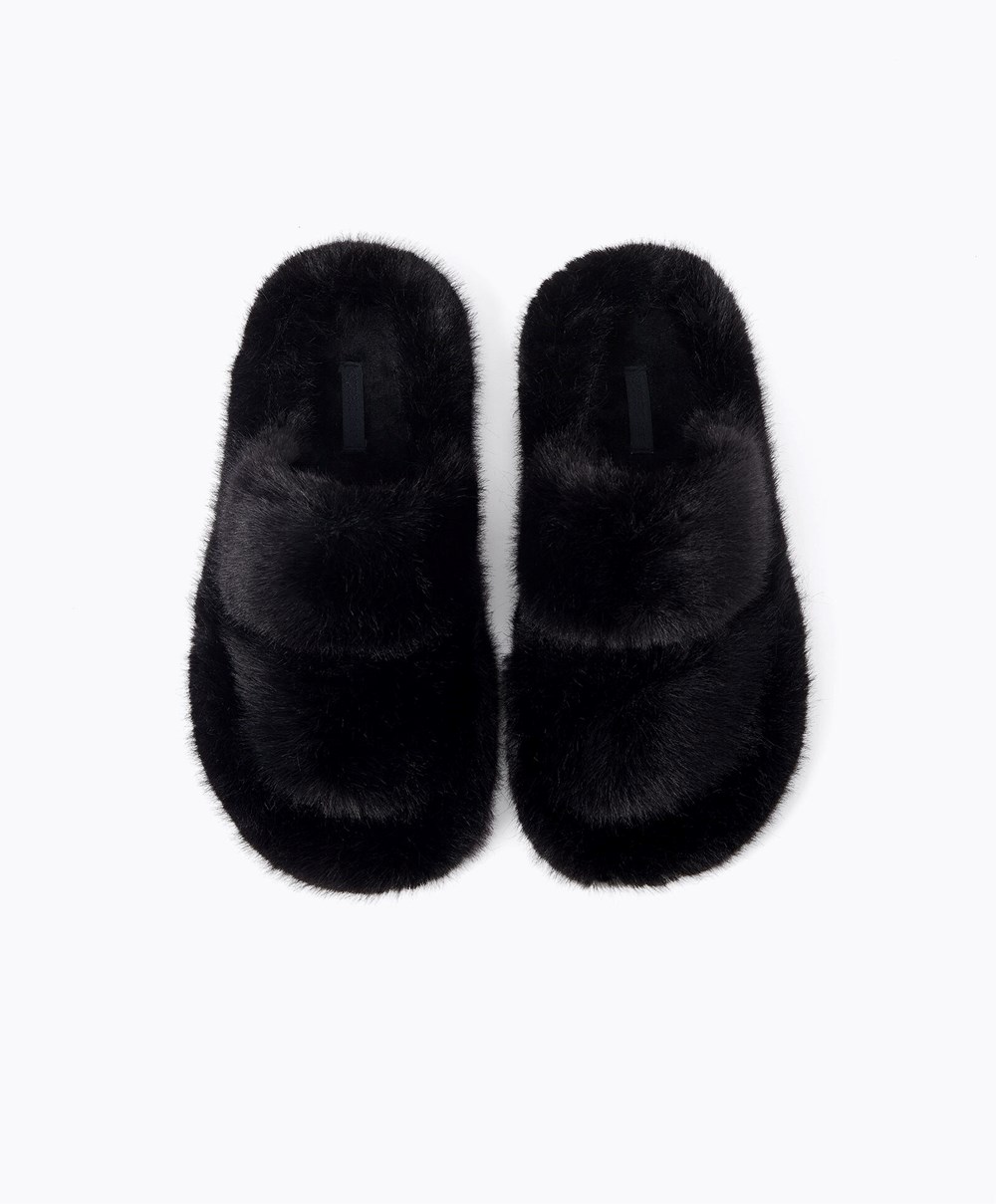 Oysho Szintetikus Fur Double Pántos Sandals Fekete | JDUOBX-158