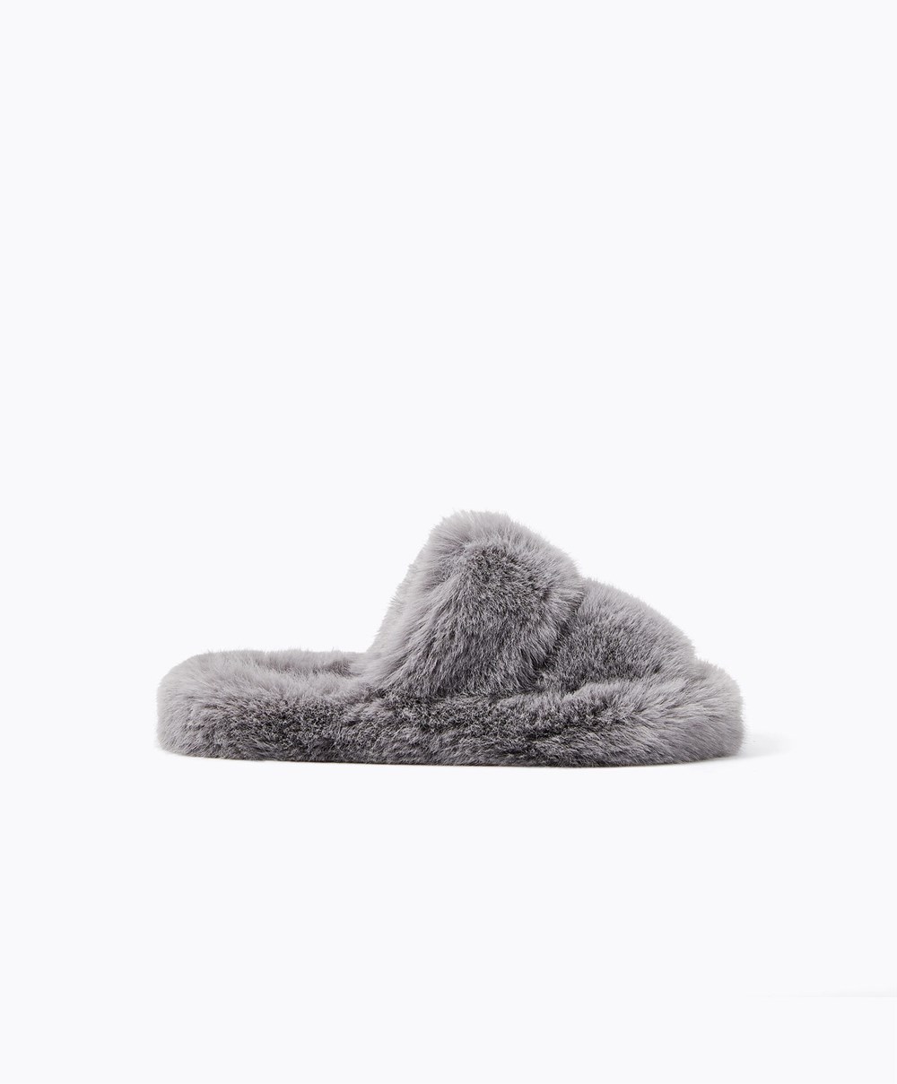 Oysho Szintetikus Fur Double Pántos Sandals Szürke | LRFSOW-967