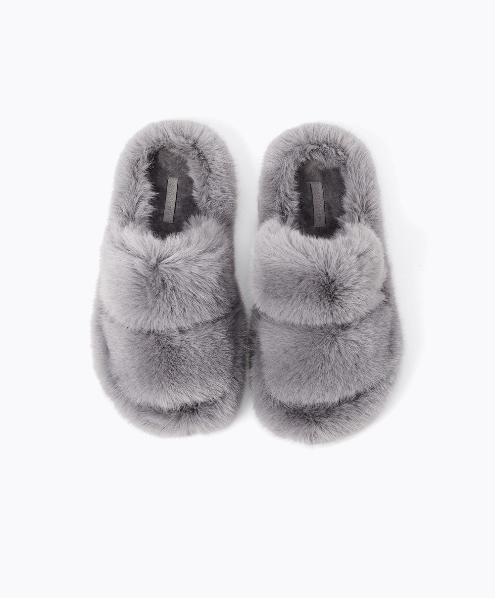 Oysho Szintetikus Fur Double Pántos Sandals Szürke | LRFSOW-967