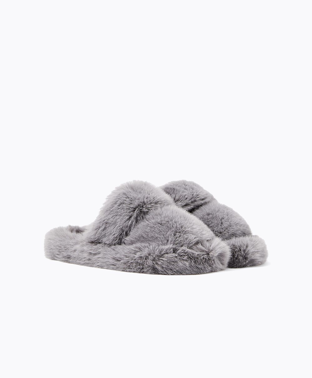 Oysho Szintetikus Fur Double Pántos Sandals Szürke | LRFSOW-967