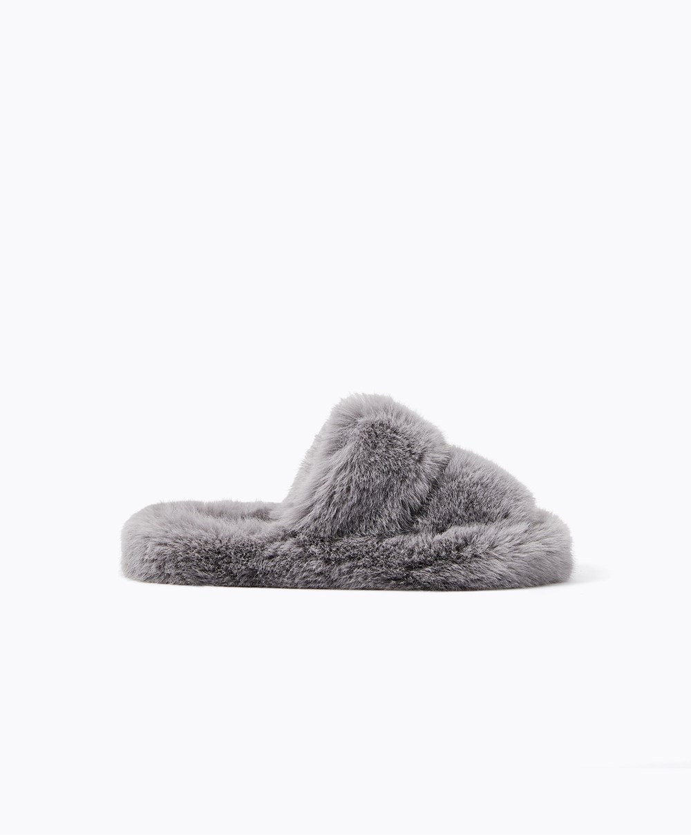 Oysho Szintetikus Fur Double Pántos Sandals Szürke | TQWABS-185