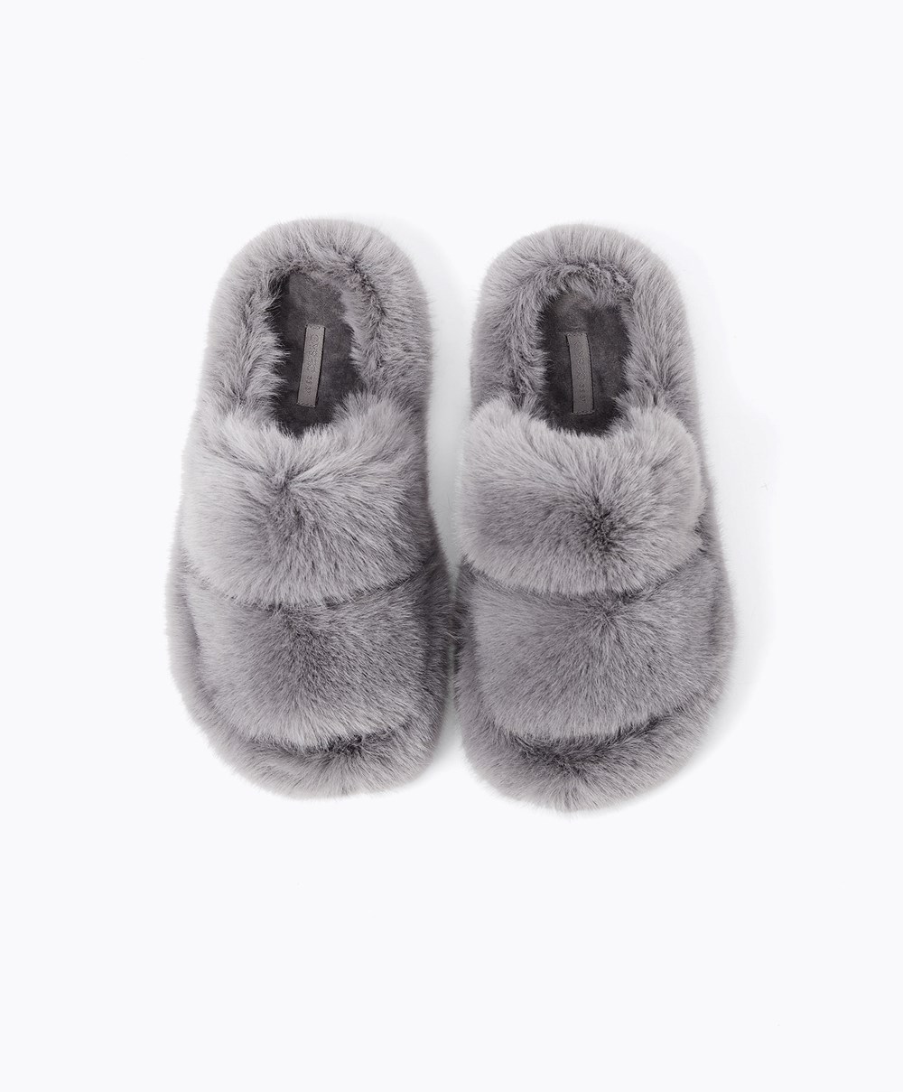 Oysho Szintetikus Fur Double Pántos Sandals Szürke | TQWABS-185