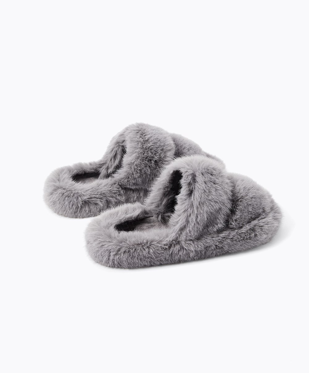 Oysho Szintetikus Fur Double Pántos Sandals Szürke | TQWABS-185