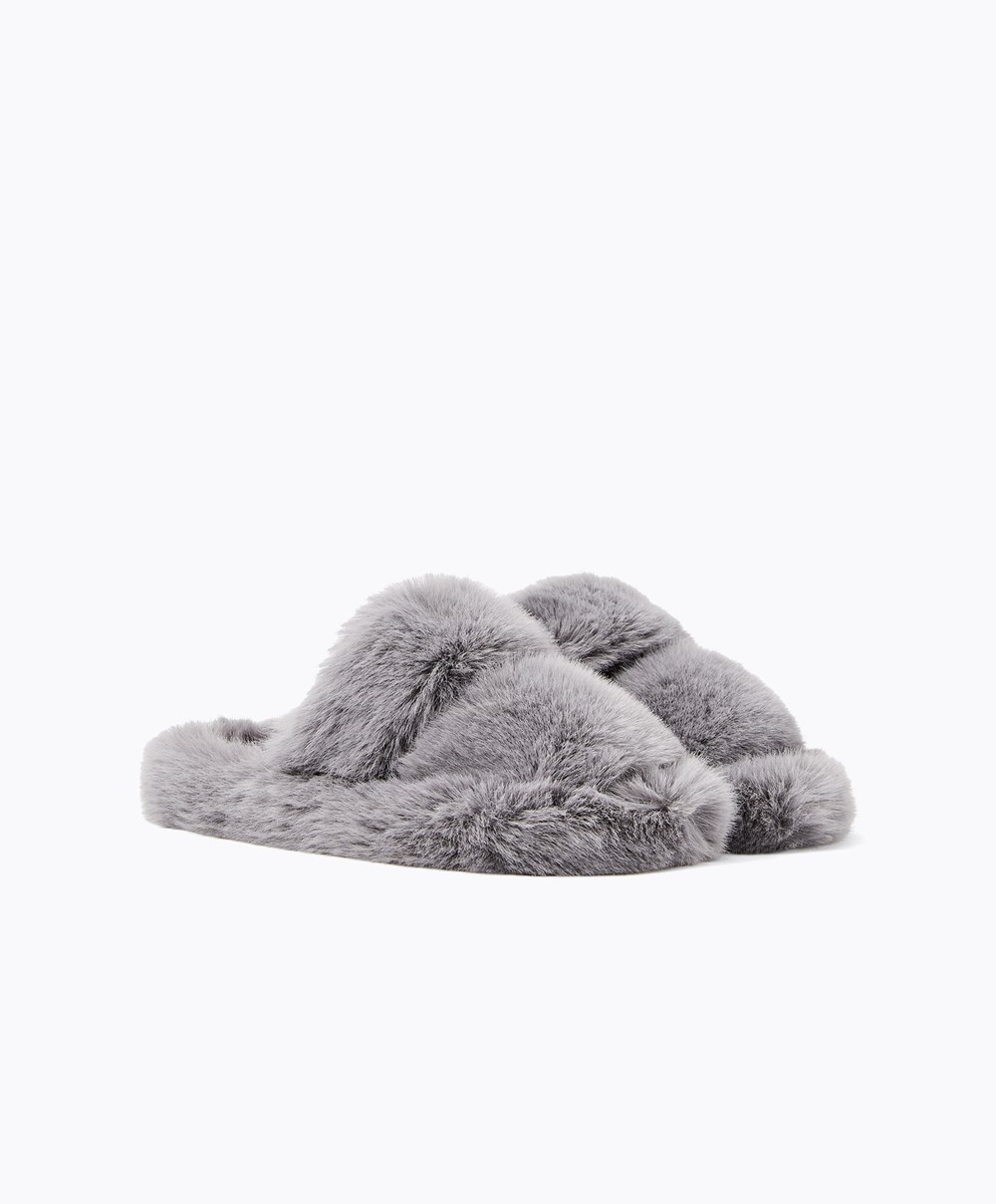 Oysho Szintetikus Fur Double Pántos Sandals Szürke | TQWABS-185