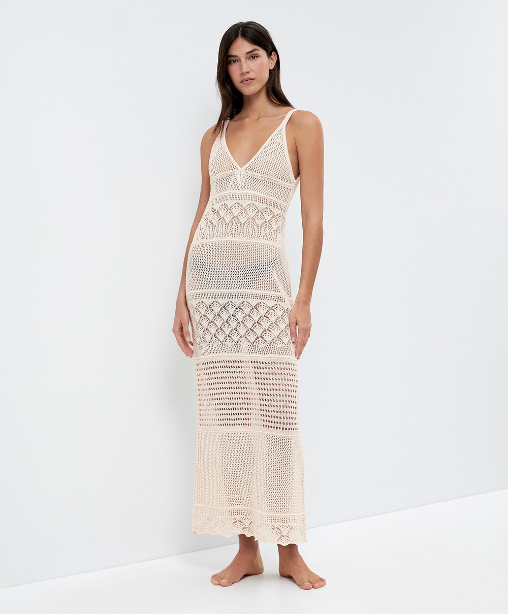 Oysho Textured Crochet Long Ruha Sand | CPENDW-528