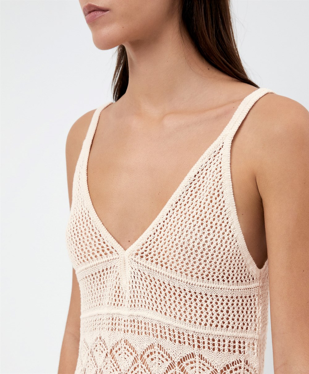 Oysho Textured Crochet Long Ruha Sand | CPENDW-528