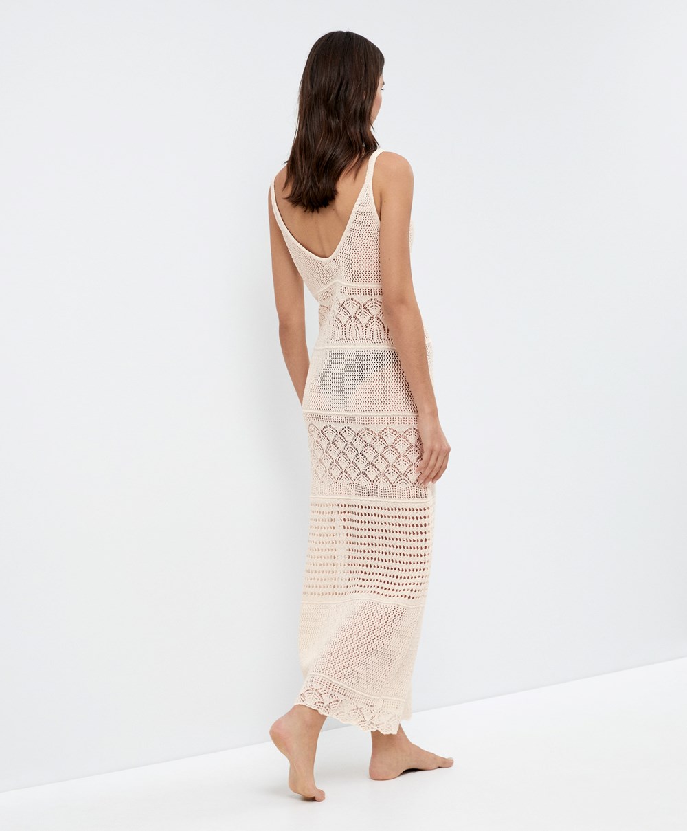 Oysho Textured Crochet Long Ruha Sand | CPENDW-528