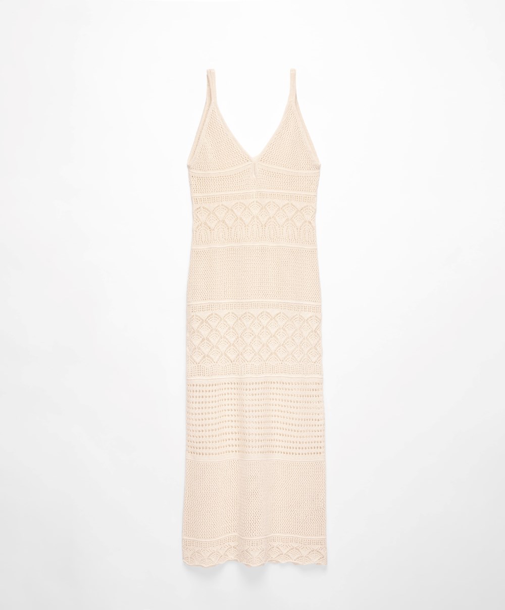 Oysho Textured Crochet Long Ruha Sand | CPENDW-528