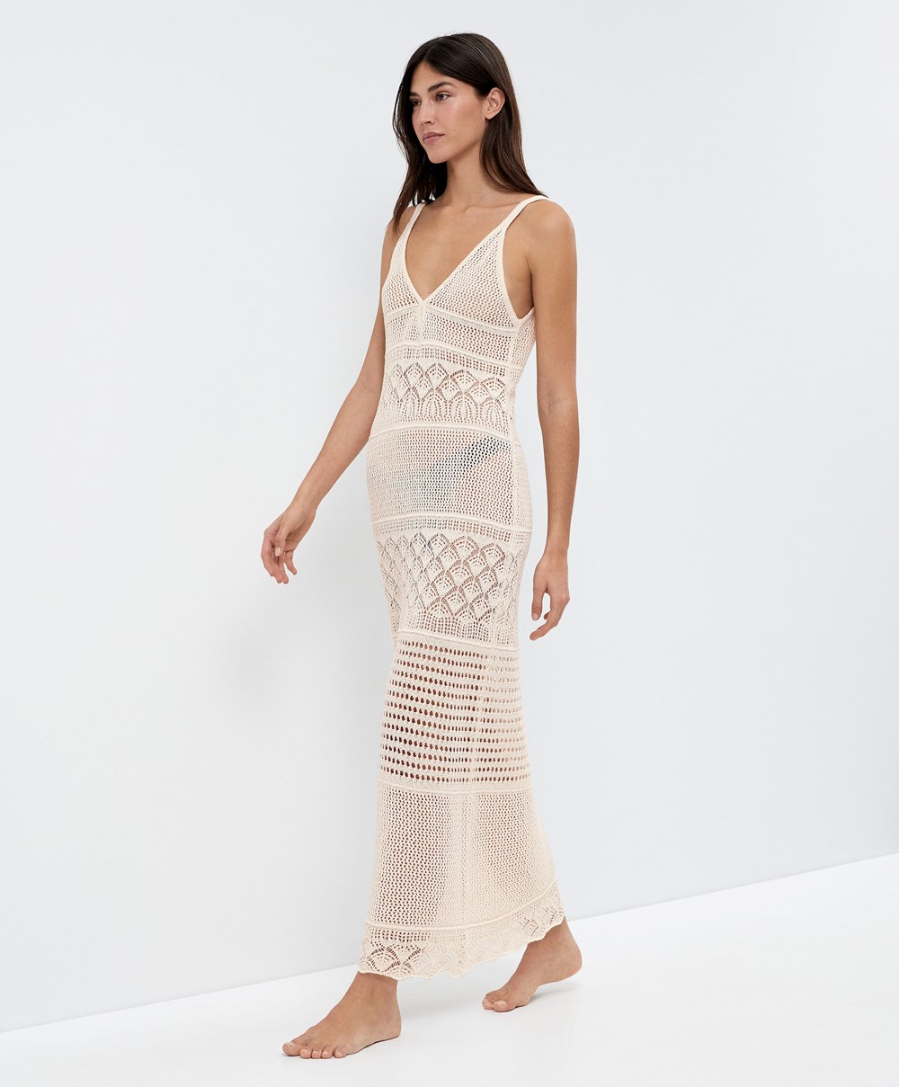 Oysho Textured Crochet Long Ruha Sand | CPENDW-528