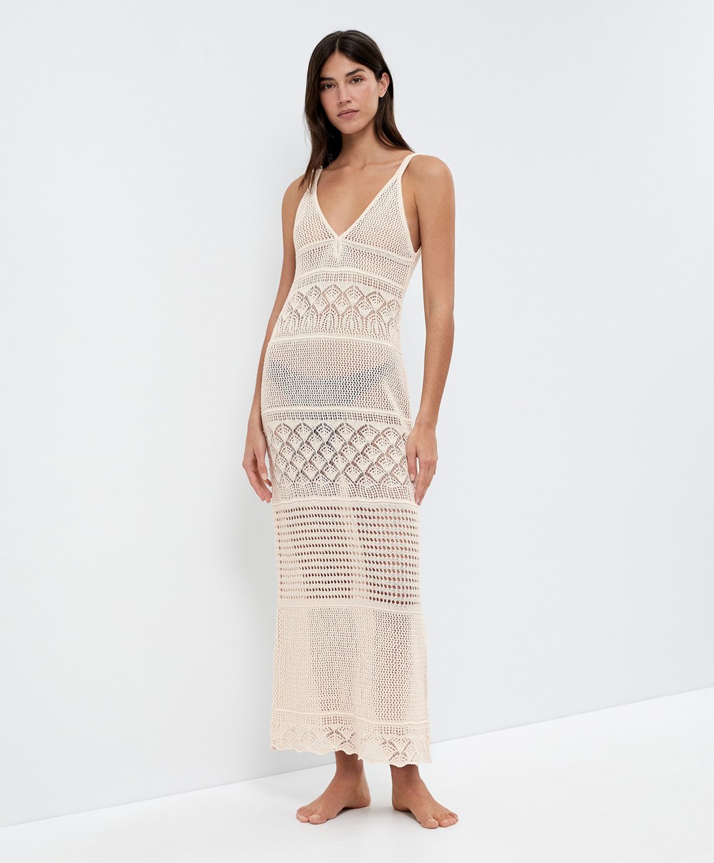 Oysho Textured Crochet Long Ruha Sand | GSLDXQ-937