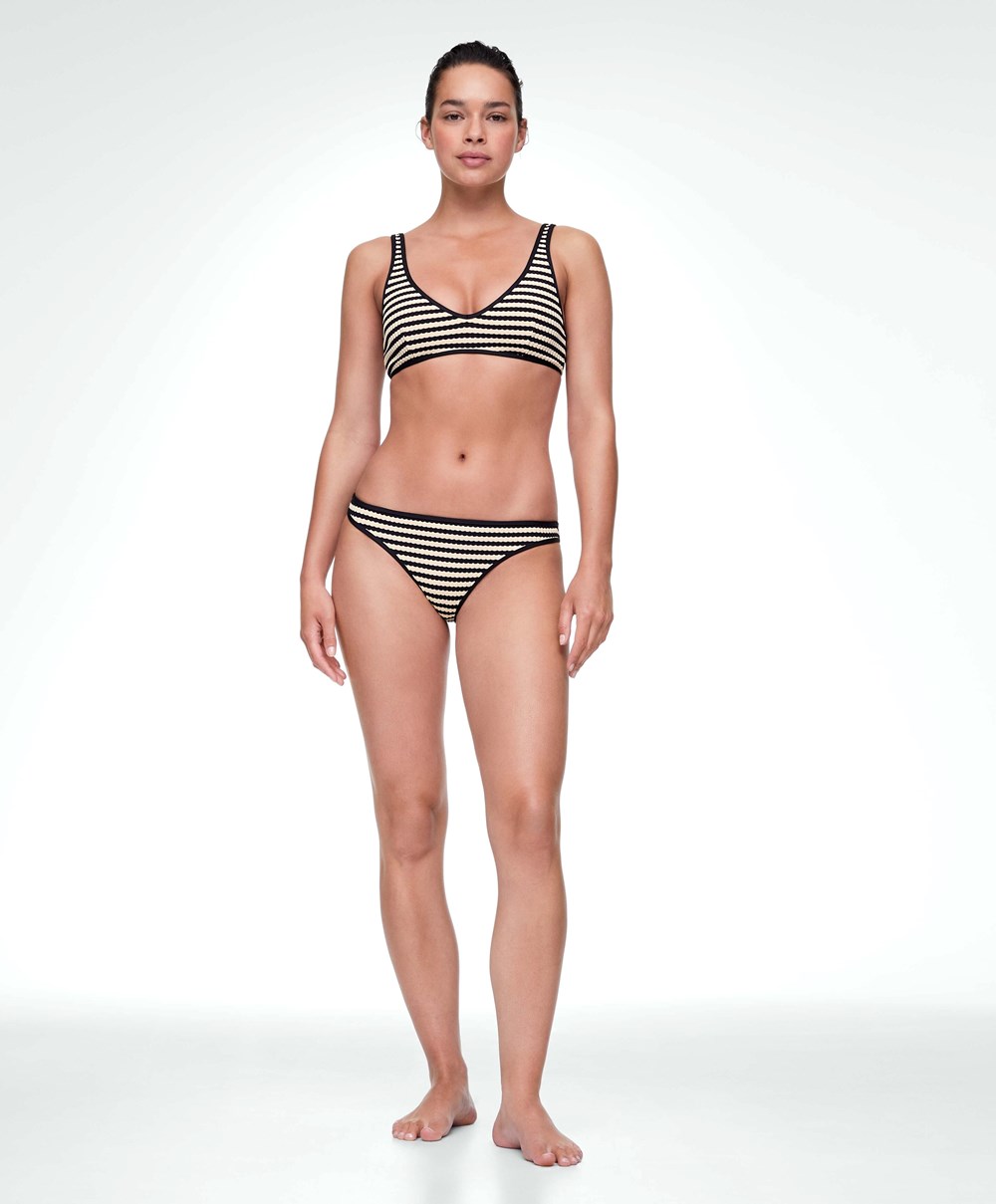 Oysho Textured Stripe Brazilian Bikini Briefs Fekete | GMKOAW-832