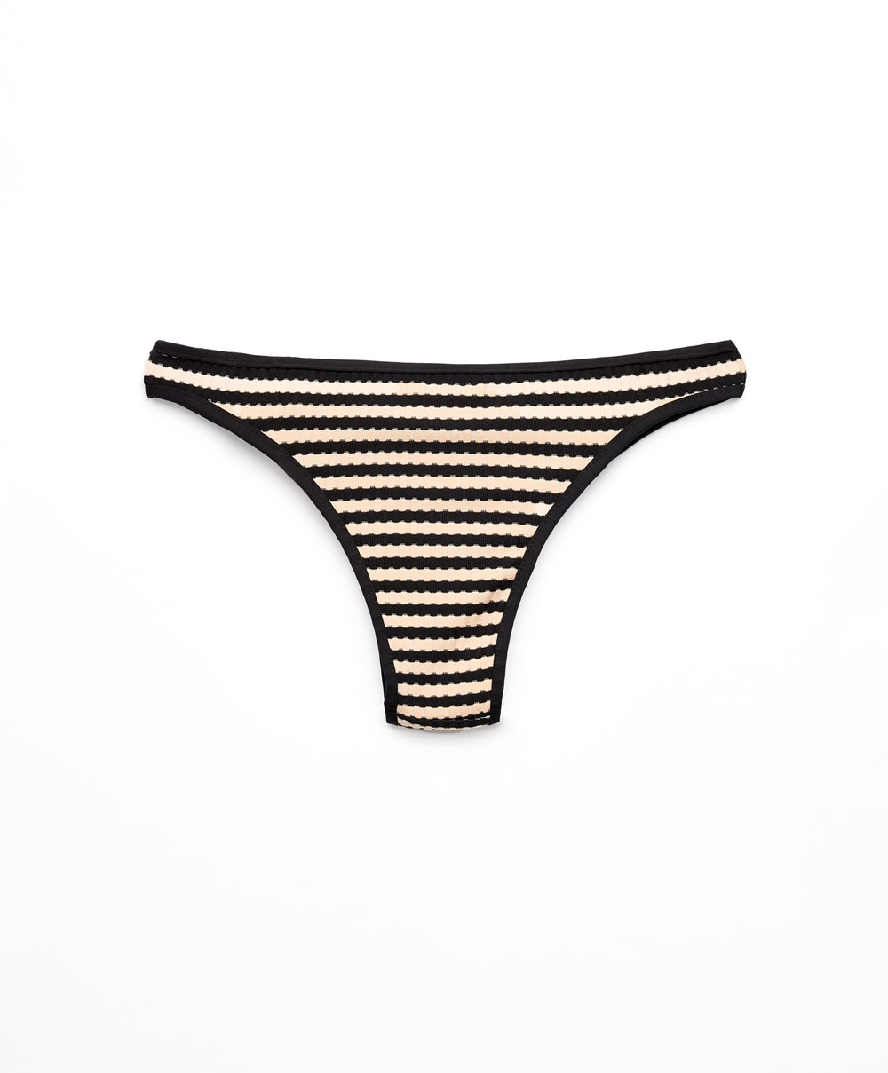 Oysho Textured Stripe Brazilian Bikini Briefs Fekete | GMKOAW-832