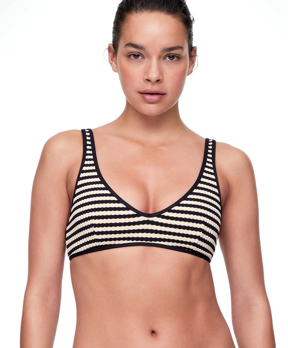 Oysho Textured Stripe Halter Bikini Top Fekete | ODKNWZ-089