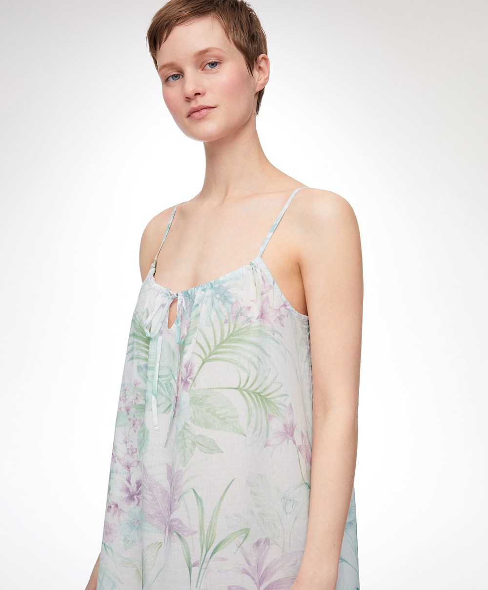 Oysho Tropical 100% Pamut Pántos Midi Nightdress Soft Mauve | AHQZPS-197