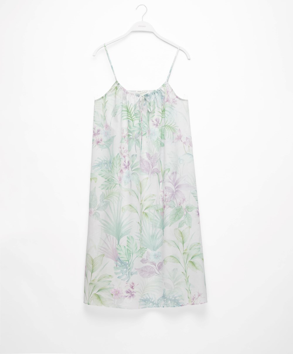 Oysho Tropical 100% Pamut Pántos Midi Nightdress Soft Mauve | AHQZPS-197