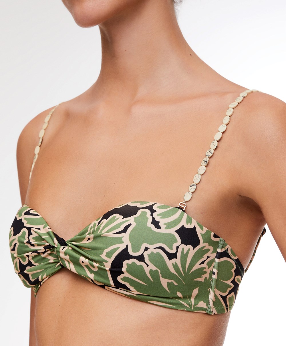 Oysho Tropical Bandeau Bikini Top Zöld | BKERSD-579