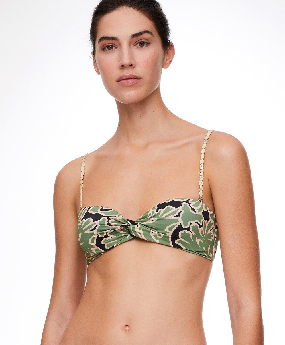 Oysho Tropical Bandeau Bikini Top Zöld | BKERSD-579