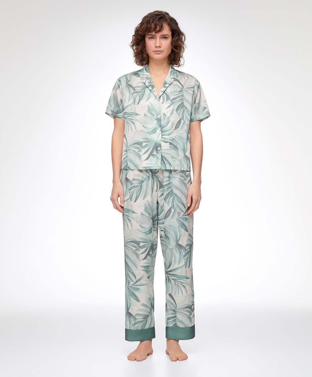 Oysho Tropical Leaf Satin Rövid-sleeved Shirt Zöld | DSMCTV-491