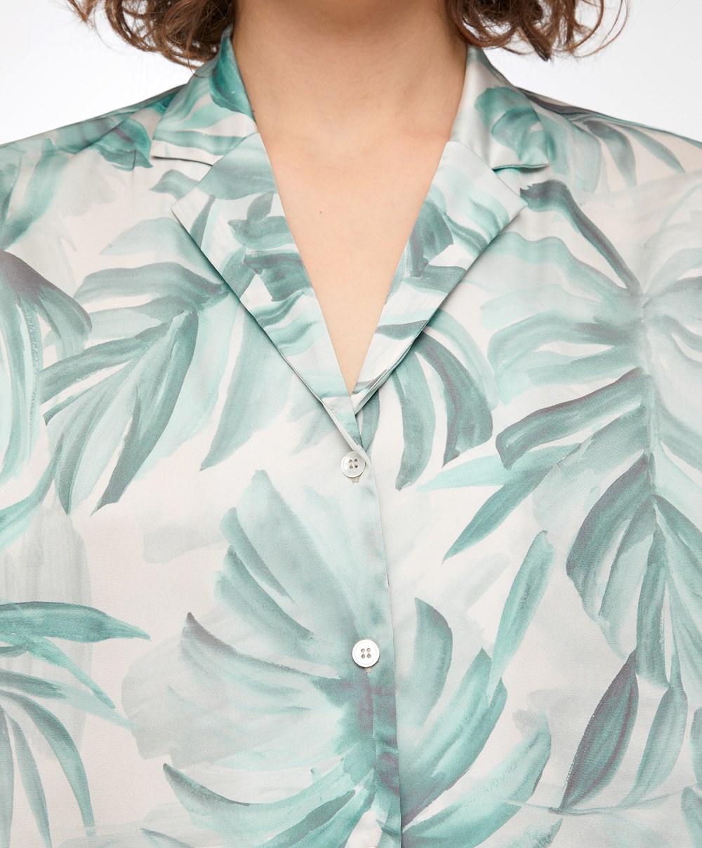 Oysho Tropical Leaf Satin Rövid-sleeved Shirt Zöld | DSMCTV-491