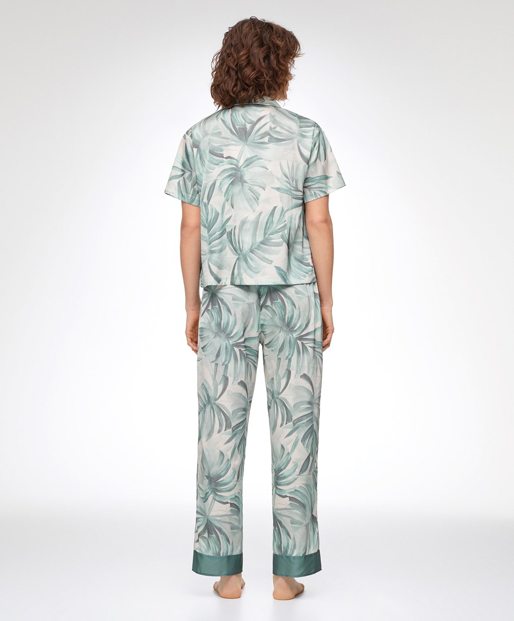 Oysho Tropical Leaf Satin Rövid-sleeved Shirt Zöld | DSMCTV-491