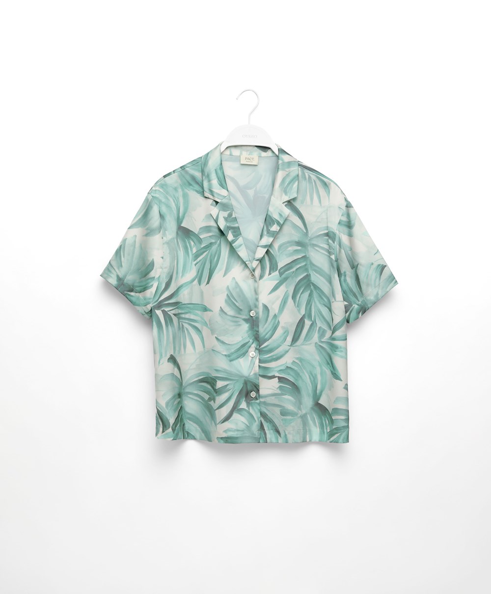 Oysho Tropical Leaf Satin Rövid-sleeved Shirt Zöld | DSMCTV-491