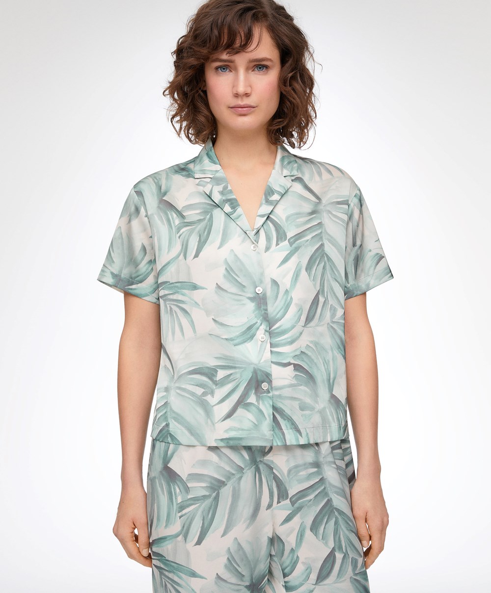 Oysho Tropical Leaf Satin Rövid-sleeved Shirt Zöld | DSMCTV-491