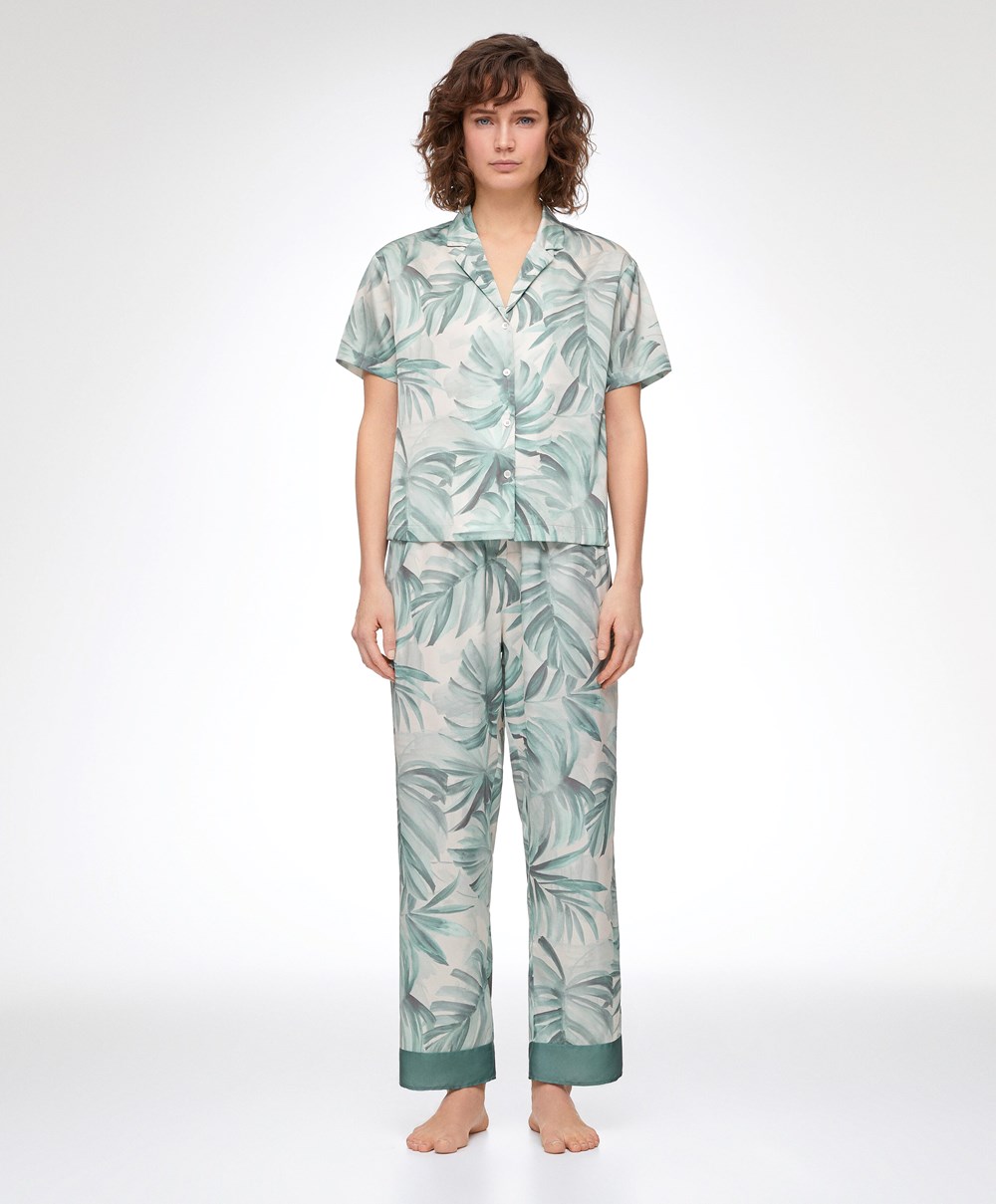 Oysho Tropical Leaf Satin Rövid-sleeved Shirt Zöld | UBAKHZ-691