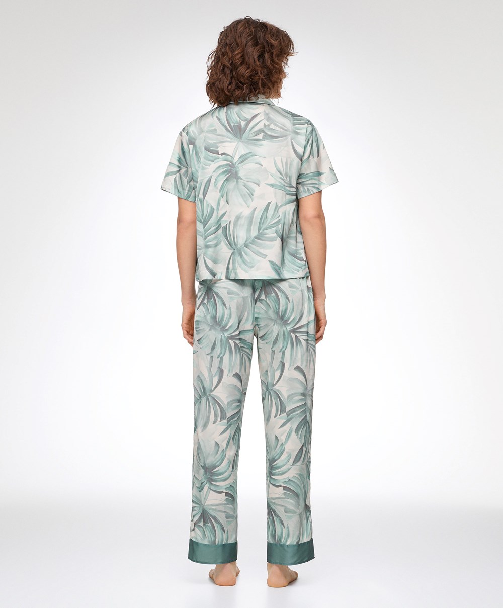 Oysho Tropical Leaf Satin Rövid-sleeved Shirt Zöld | UBAKHZ-691