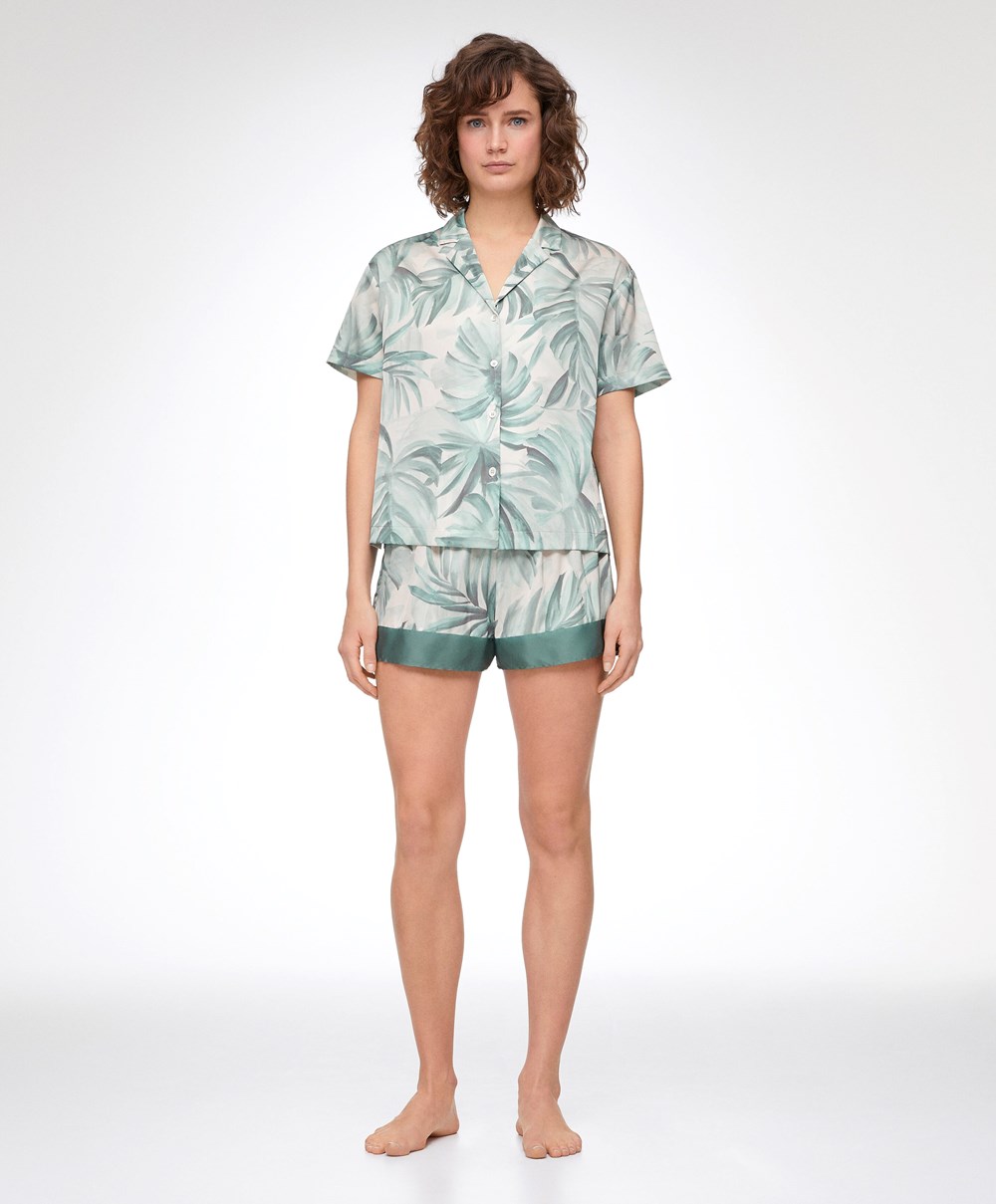 Oysho Tropical Leaf Satin Shorts Zöld | ZMAYWR-731