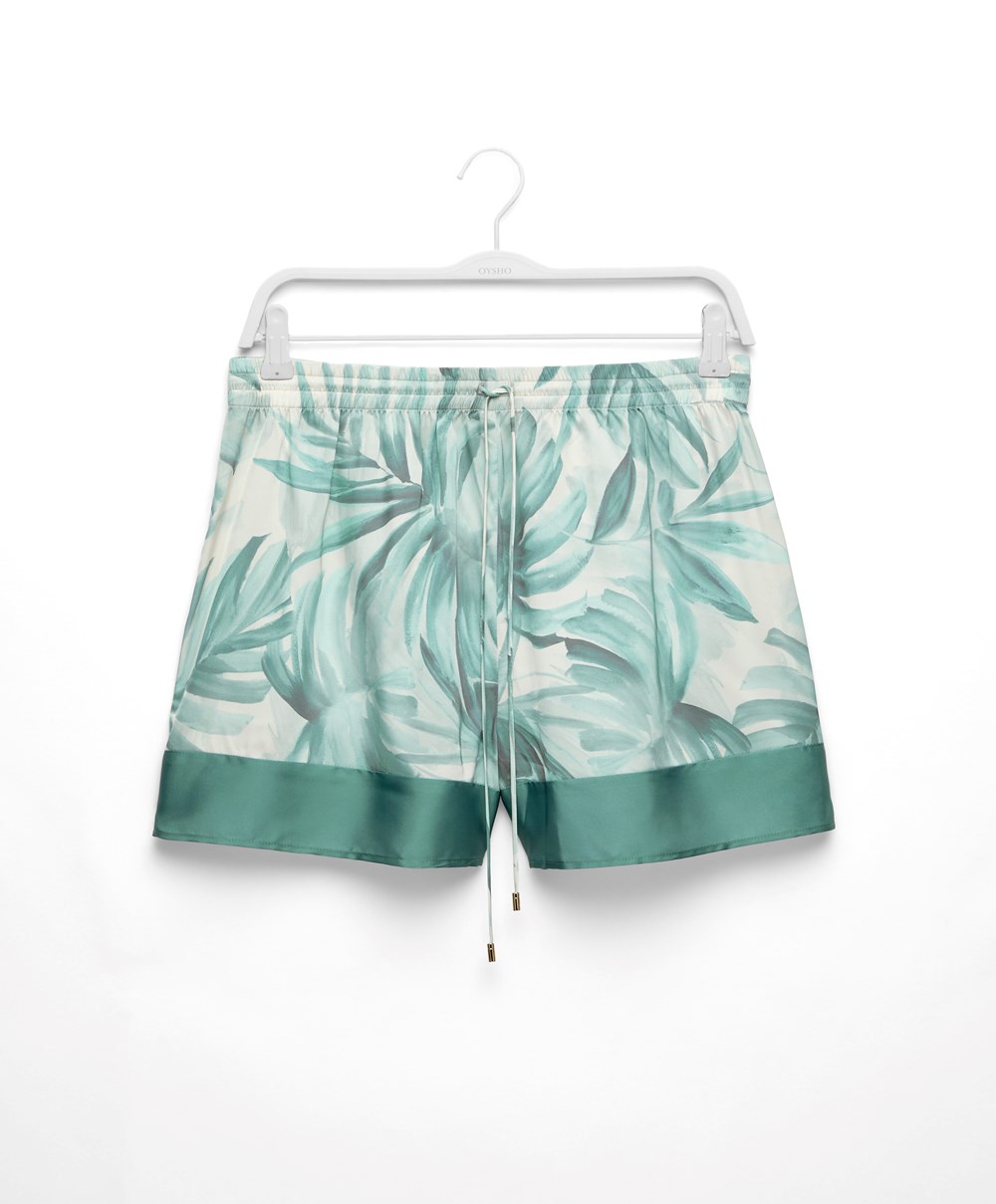 Oysho Tropical Leaf Satin Shorts Zöld | ZMAYWR-731