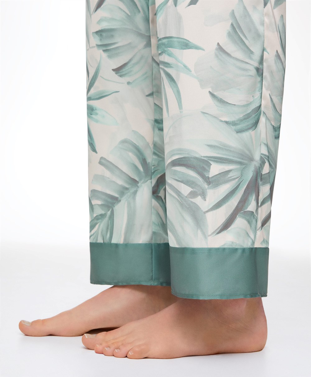 Oysho Tropical Leaf Satin Trousers Zöld | RHSGVX-539