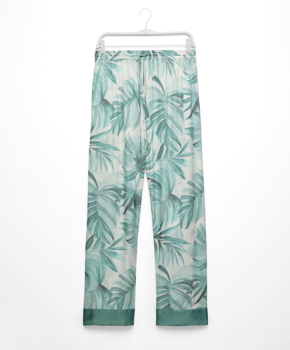 Oysho Tropical Leaf Satin Trousers Zöld | RHSGVX-539