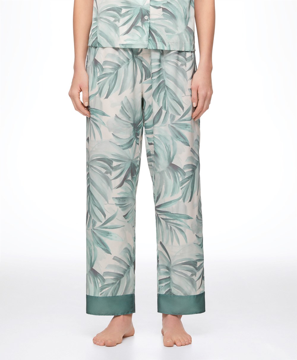 Oysho Tropical Leaf Satin Trousers Zöld | RHSGVX-539