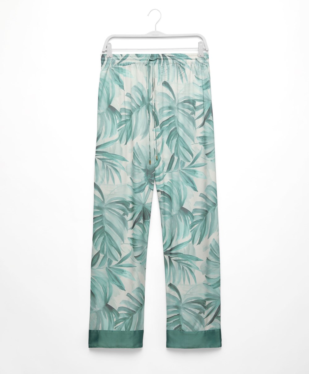 Oysho Tropical Leaf Satin Trousers Zöld | SXWYBL-078